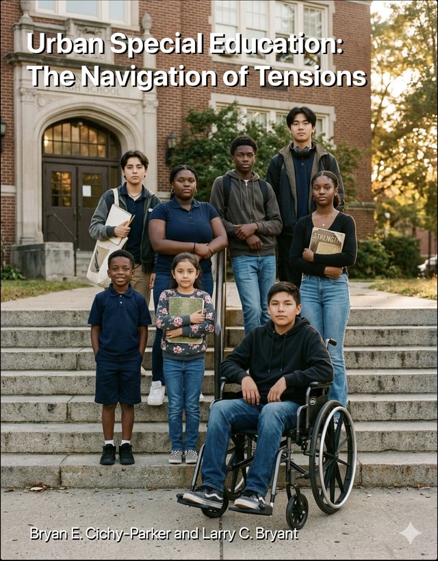 Cover of The Tensions of Urban Special Education, showing students gathered outside a school building. Placeholder art pending the publisher's cover.